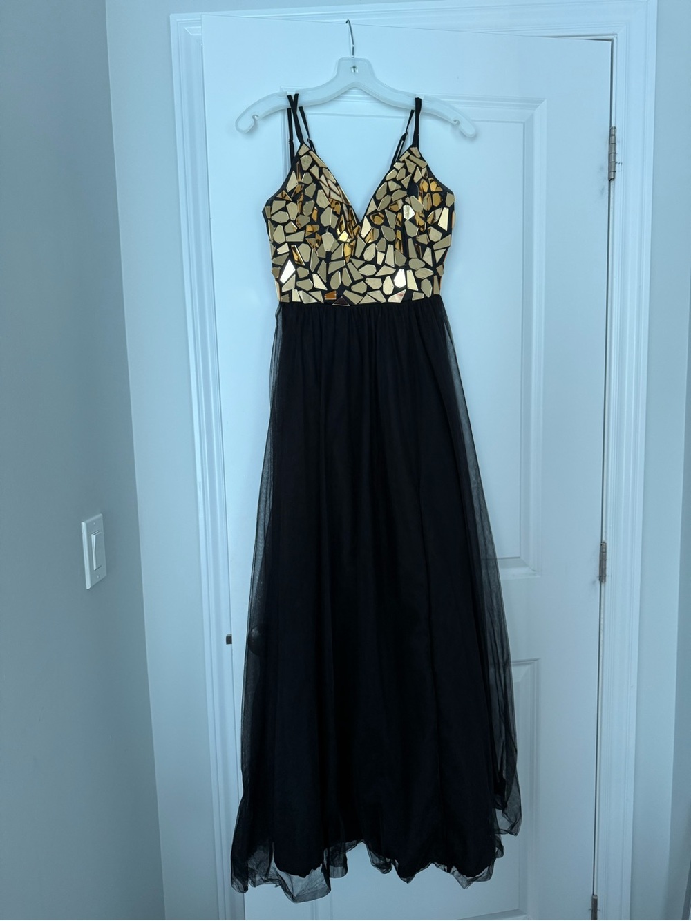 Black Tulle Prom Dress with Gold Mosaic Bodice